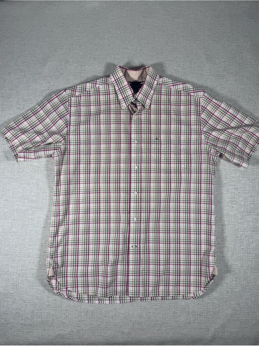 Tommy Hilfiger Short-Sleeve Plaid Button-Down Shirt - Pink/Green/White Lrg